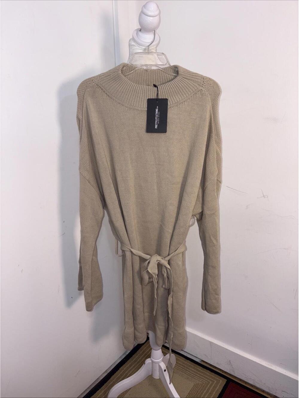 NWT Pretty Little Thing Belted Sweater Dress Long Sleeves Tan Medium New With Ta